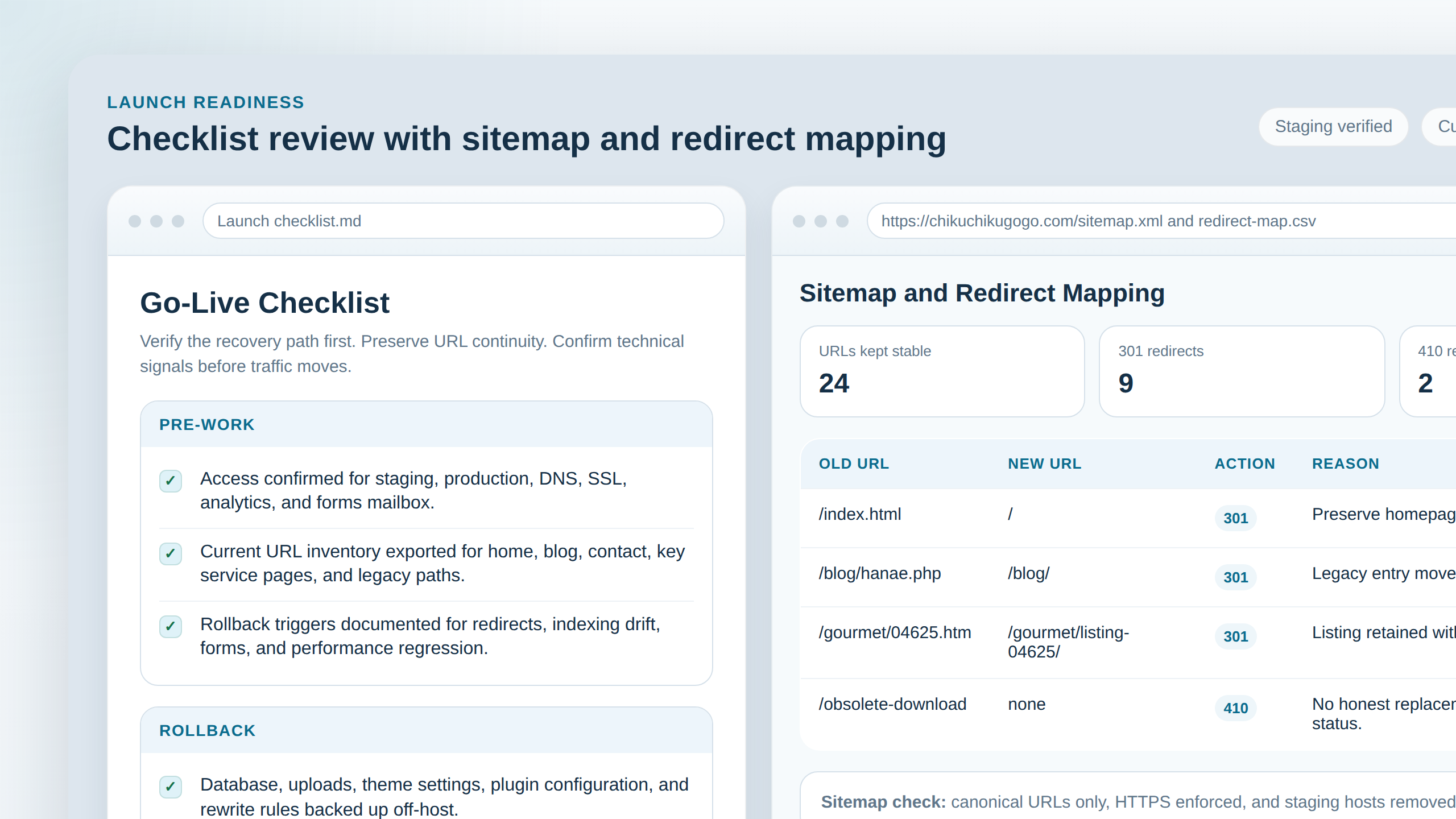 Launch checklist alongside sitemap and redirect mapping.