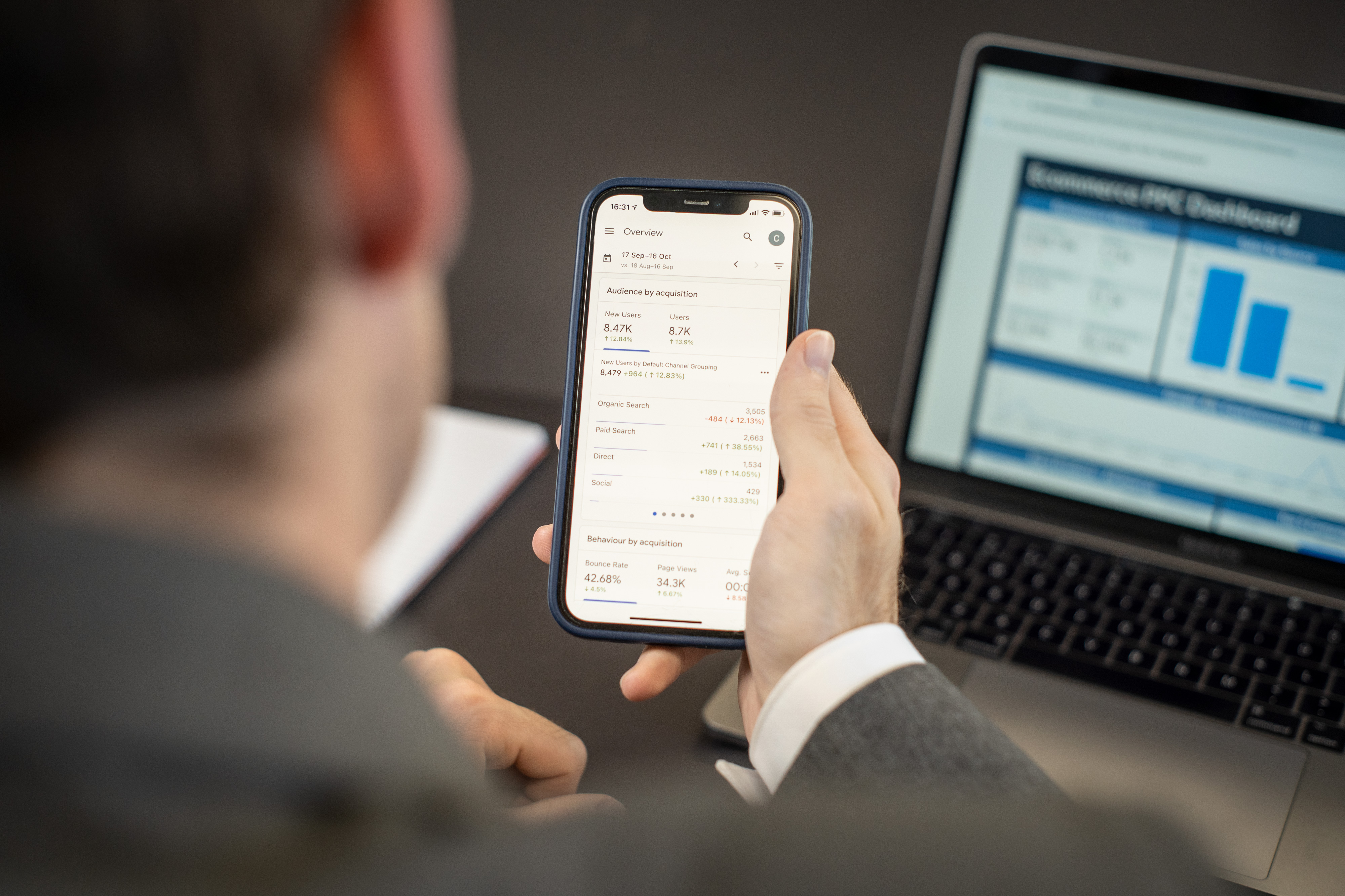 A person reviewing website analytics on a laptop and smartphone side by side.