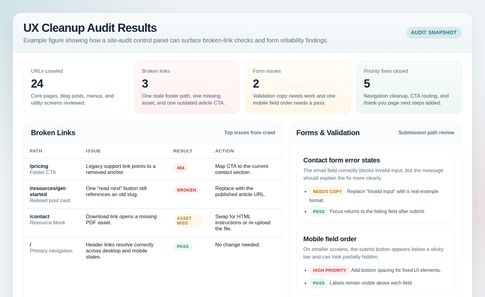Example site audit screenshot highlighting broken link checks and form validation results.