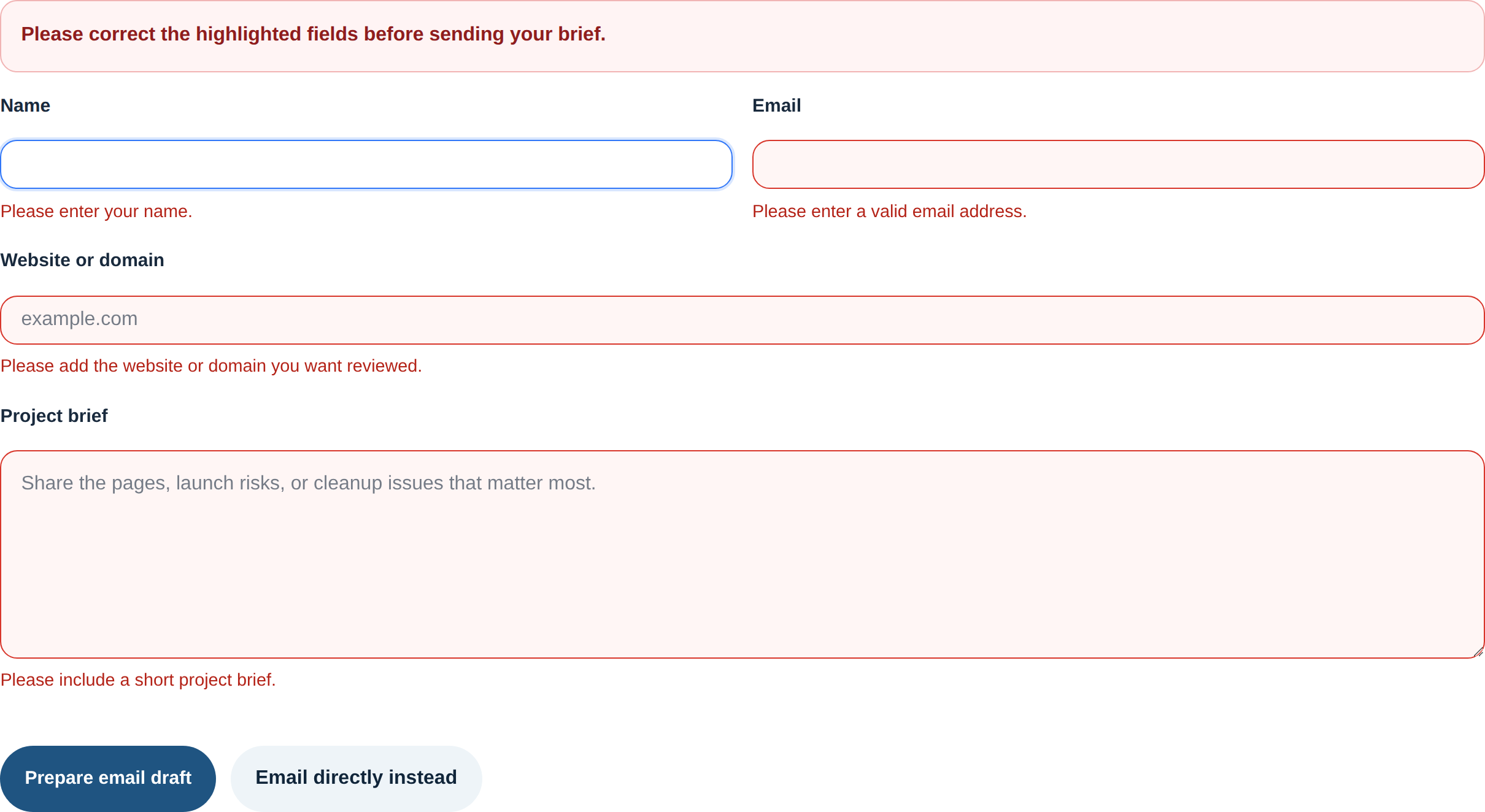 Contact form validation error summary and highlighted required fields on the ChikuChiku GoGo contact page.